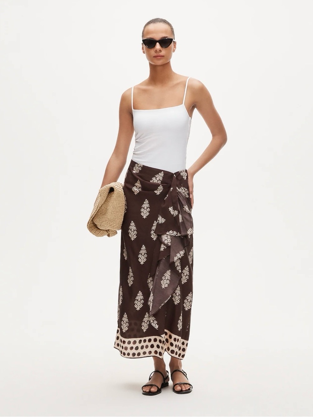 J.Crew Faux Wrap Maxi Skirt Chocolate Brown Cocoa Block Print CU754